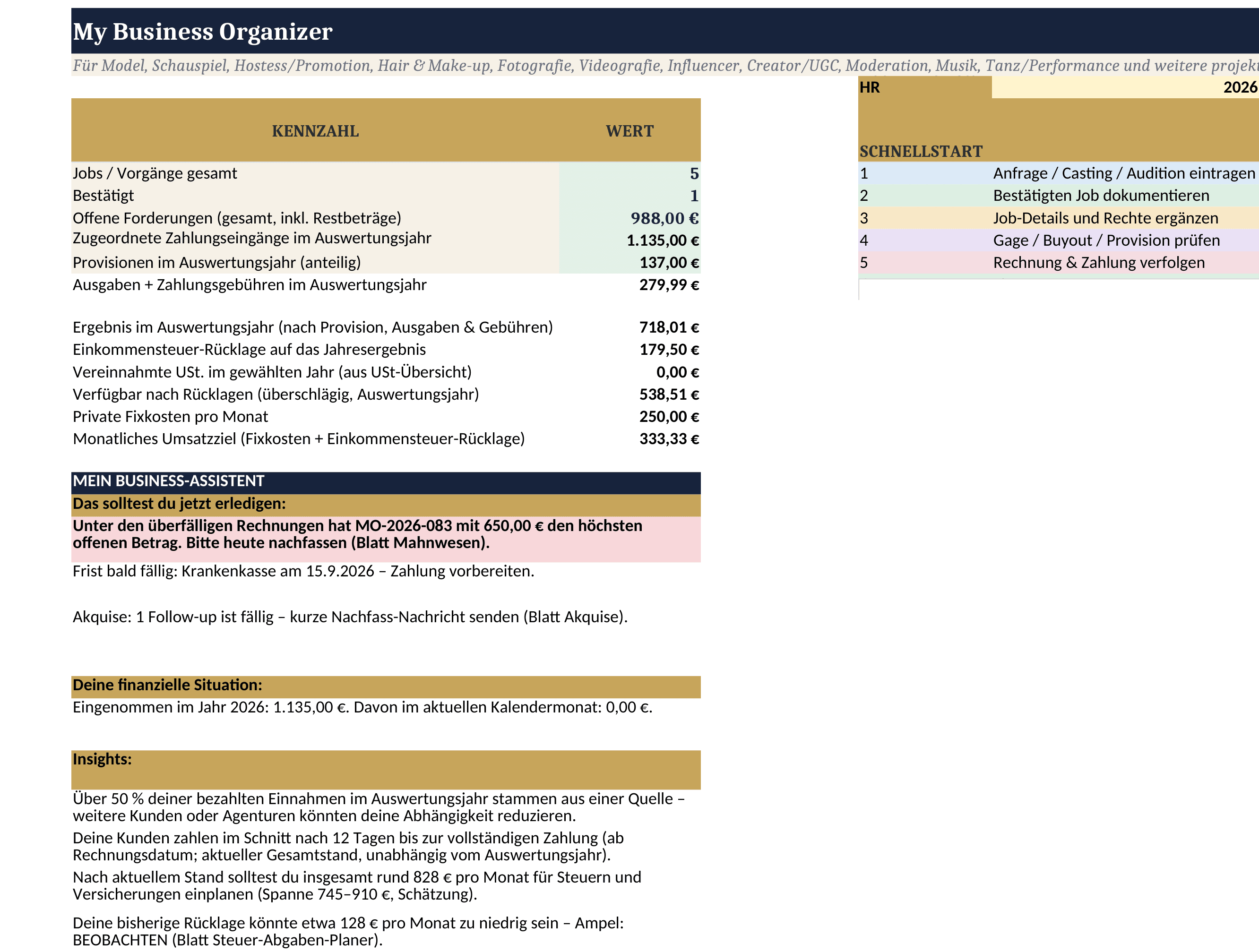 Dashboard-Blatt von My Business Organizer in Excel